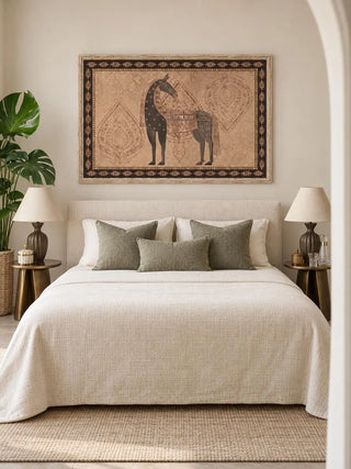 The Swarna Ashwa embroidered wall art framed in pale wood above a cream upholstered bed with olive cushions in a bedroom