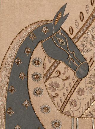 A detailed macro close-up of the Swarna Ashwa highlighting the gold cord outline, beadwork and sequins on the horse’s head and neck