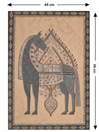 Full view of the Swarna Ashwa embroidered wall art, 66 cm by 44 cm, showing the ornamented slate grey horse within its dark floral border.