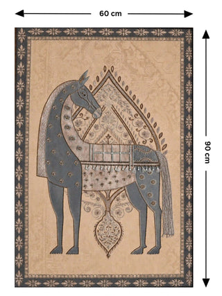 Full view of the Swarna Ashwa embroidered wall art, 90 cm by 60 cm, showing the ornamented slate grey horse within its dark floral border.