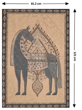 Full view of the Swarna Ashwa embroidered wall art, 121 cm by 81.2 cm, showing the ornamented slate grey horse within its dark floral border.