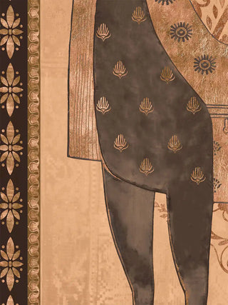 A macro shot showing the deep charcoal legs of the horse and the stamped gold floral wheel border on the Swarna Ashwa print.