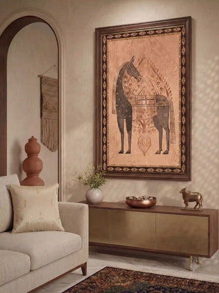 The Swarna Ashwa large framed print providing a grand cultural focal point above a walnut and brass console table.