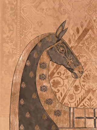 A high-resolution close-up of the gold-leaf stenciled horse head and mane details on the Swarna Ashwa art print.