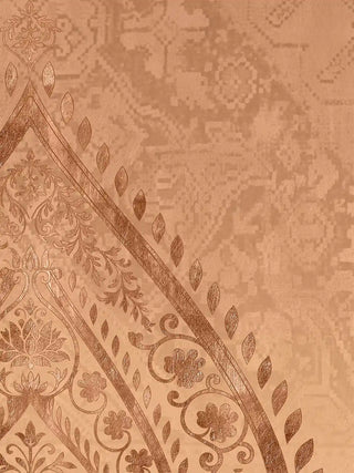 A close-up view of the intricate background featuring a terracotta linen ground and gold leaf climbing vine archway.