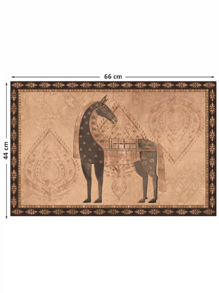 Full view of the Swarna Ashwa landscape wall art print, a gold-ornamented royal horse between two paisleys on a copper ground, at 44 cm by 66 cm.