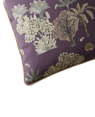 The Taal Dori cushion cover in Aubergine, view-detail of embroidered blossom tree and twisted cord edge.