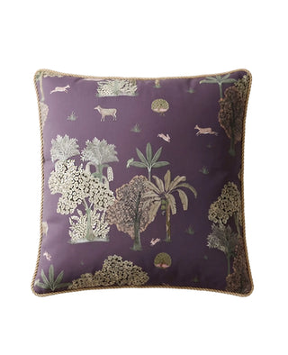 The Taal Dori cushion cover in Aubergine, view-flatlay showing the full embroidered grove motif.