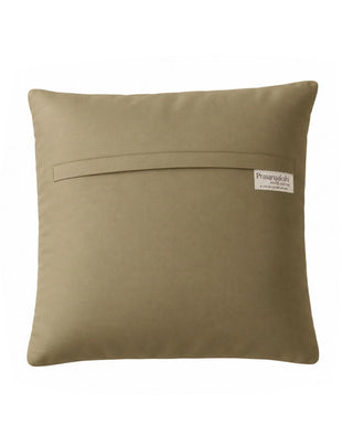 The Taal Dori cushion cover, view-reverse showing the olive khaki back with concealed envelope closure and Prasanaakshi label.
