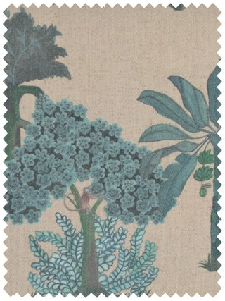 High-resolution fabric swatch of Taal featuring lush green trees, a banana palm, and a small monkey on a neutral background.