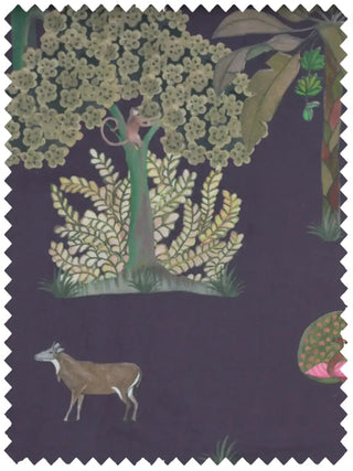 A high-resolution swatch of Taal velvet fabric featuring monkeys and deer in a hand-painted forest on a deep purple ground.