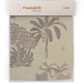 High-resolution fabric swatch of Taal Sepia featuring detailed silhouettes of a banana palm and dense tropical trees.