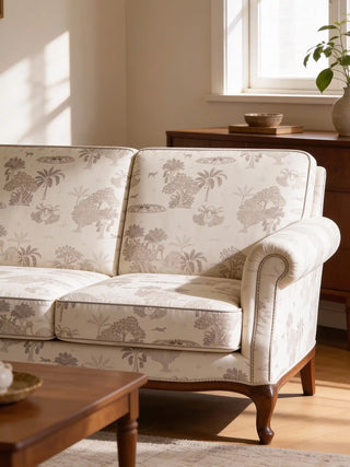 A luxury traditional sofa upholstered in Taal Sepia fabric featuring a monochromatic sketched tropical landscape.