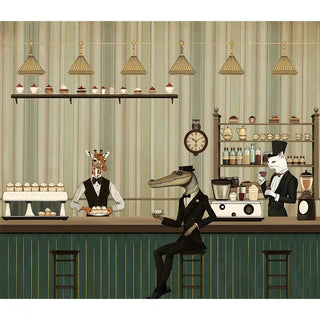 A wall view of the Tailored Brews Wallpaper, showing the full café counter setup with detailed décor and animal characters.