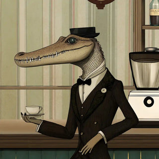 A close-up of wallpaper highlighting the suited alligator holding a drink at the bar counter.