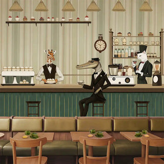 A whimsical European wallpaper depicting a vintage café scene with anthropomorphic animals—an alligator in a suit, a giraffe barista, and a rabbit waiter—styled in a cozy dining area.