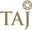 Gold 'TAJ' logo with a decorative emblem on a white background