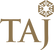 Gold 'TAJ' logo with a decorative emblem on a white background