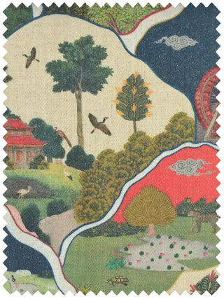 A high-resolution swatch of Tales of Celestial Village fabric featuring a red and blue painted landscape with cranes and pagodas.