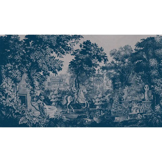 wallpaper highlighting ornate trees, architectural backdrops, and intricate tapestry-style artistry in shades of blue.