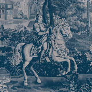 A close-up of the wallpaper showing detailed illustrations of a rider on horseback amidst lush trees and classical European scenery in blue tones.