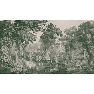 wallpaper showcasing tapestry-style detailing of foliage, figures, and architectural backdrops in dark green hues.