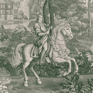 A close-up of the wallpaper highlighting intricate illustrations of a rider on horseback, surrounded by lush trees and classical European scenery in deep green tones.