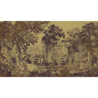 wallpaper highlighting ornate foliage, architectural elements, and figures in an artistic mustard and purple palette.