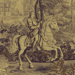 A close-up view of the wallpaper showing intricate details of a rider on horseback amidst trees, gardens, and classical European scenery in mustard purple tones.