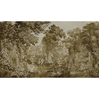 wallpaper highlighting ornate foliage and heritage-inspired European scenery in deep mustard tones.