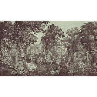 wallpaper highlighting tapestry-style artistry with foliage and classical motifs in warm pale brown hues.