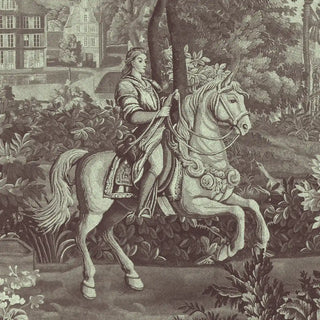 A close-up showing intricate illustrations of the rider on horseback, surrounded by gardens, trees, and European-inspired details in pale brown tones.