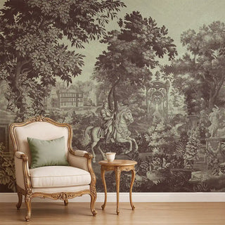 A pale brown European tapestry wallpaper featuring a noble horse rider, lush trees, and classical architectural scenery, styled behind a vintage armchair.