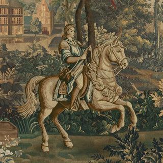 A close-up of the wallpaper showing detailed illustrations of the rider on horseback, architectural motifs, and foliage in warm vintage hues.