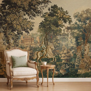 A vintage-toned European tapestry wallpaper featuring a horse rider, lush trees, and classical scenery, styled behind a classic armchair with wooden flooring.