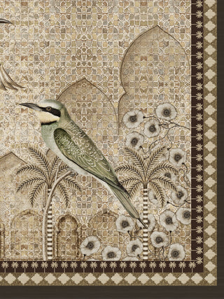A high-resolution close-up detail of The Birds of Anqa canvas print showing the detailed feathers of the olive green bird and the background mosaic tile patterns.