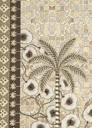 A detailed macro close-up of The Birds of Anqa embroidered wall art highlighting the beaded poppy centres and embroidered palm fronds against the mosaic ground.