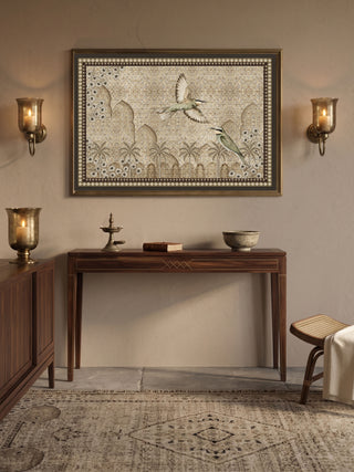 The Birds of Anqa premium framed wall art styled symmetrically inside a warm neutral living lounge above a dark walnut wood console table between two sconces.