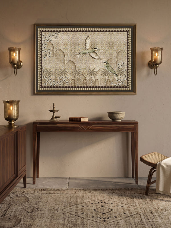 The Birds of Anqa premium framed wall art styled symmetrically inside a warm neutral living lounge above a dark walnut wood console table between two sconces.