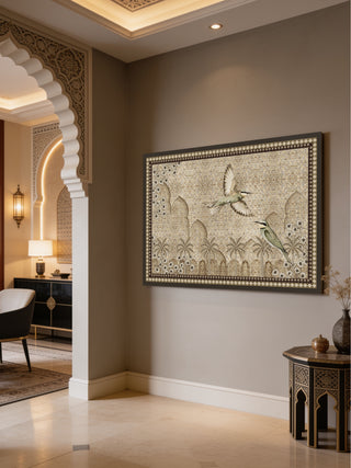 The Birds of Anqa custom framed fine-art canvas print decorating a luxury entry hallway next to a carved Moorish archway partition.