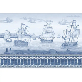 The Blue Horizon Mural Wallpaper: Strip view showing the repeating sailing ships over the decorative blue balustrade border.