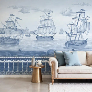 The Blue Horizon Mural Wallpaper: View of the blue nautical mural showing multiple ships and a decorative balustrade border.