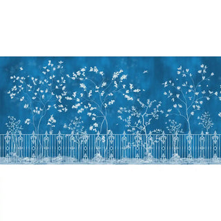The Blue Pavilion Wallpaper: Strip showing the repeating pattern section including the white decorative railing border.