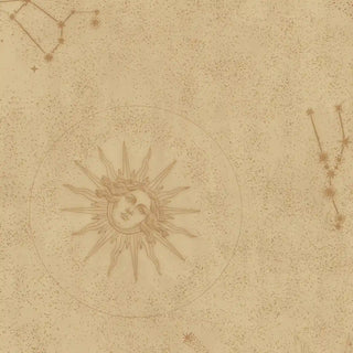 Close up of The Celestial Veil mural showcasing the sun motif, constellations, and textured parchment background.