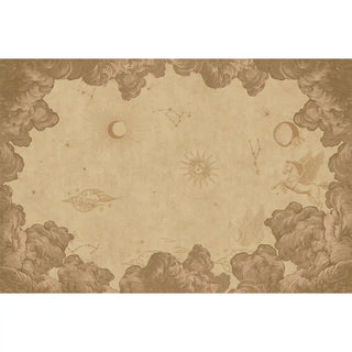 Full pattern layout of The Celestial Veil mural in beige featuring clouds, stars, and mythical figures.