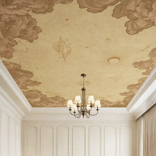 The Celestial Veil antique sky mural applied to a recessed ceiling in a bright room with classic wall paneling.