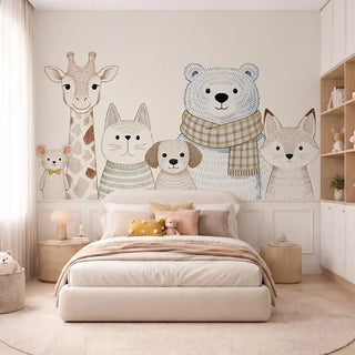 The Cozy Crew kids wallpaper mural in Natural & Soft Neutrals installed on a feature wall in a bedroom, showing illustrated mouse, giraffe, cat, dog, bear and fox characters above wainscoting. view-kids