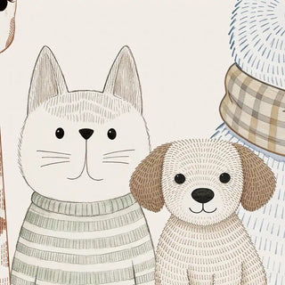 A detailed close-up of The Cozy Crew wallpaper highlighting the illustrated cat in a striped sweater and the puppy character beside it.