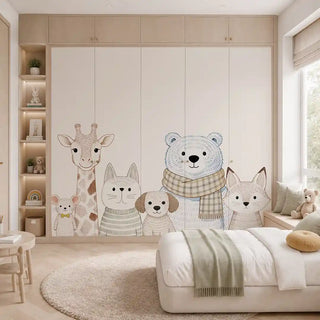 The Cozy Crew kids wallpaper mural in Natural & Soft Neutrals applied to built-in wardrobe panels, showing the illustrated giraffe, cat, dog, bear and fox characters. view-wardrobe