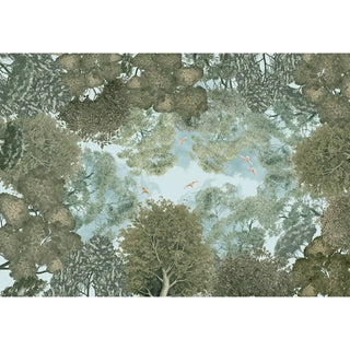 wallpaper highlighting layered treetops and open sky, creating a natural forest illusion.